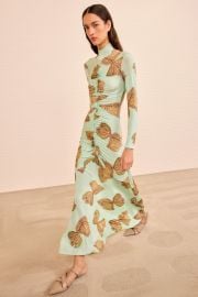 Ida Ruched Turtleneck Dress - Water Blossoms Blue Floral Print Fitted Maxi Dress - Ulla Johnson at Ulla Johnson