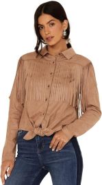 Idyllwind Fate Tie Front Faux Suede Fringe Shirt at Amazon