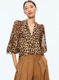 Ilan Button Front Blouse In Spotted Leopard Dark Tan Alice Olivia at Alice + Olivia