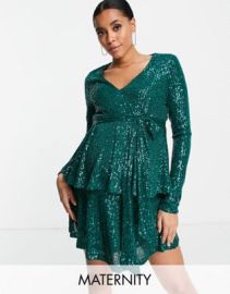 In The Style Maternity exclusive sequin plunge front tiered detail mini dress in emerald green at ASOS