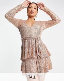 In The Style Tall exclusive sequin plunge front tiered detail mini dress in rose gold at ASOS