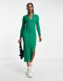 In The Style x Billie Faiers exclusive knitted ribbed collar midi dress in green at ASOS