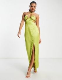 In The Style x Yasmin Devonport Exclusive satin cut-out ruched bust detail maxi dress in lime at ASOS