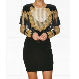 IndieXO Dresses Black And Gold Velvet Beaded Fringe Tassel Dress Poshmark at Poshmark