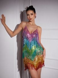 Indy V Neck Rainbow Crystal Fringe Mini Dress Mew Mews at Mew Mews