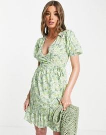 Influence short sleeve mini wrap dress in green ditsy floral at ASOS