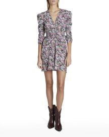 Isabel Marant Aliniza Coral-Print Ruched Puff-Sleeve Mini Dress at Neiman Marcus