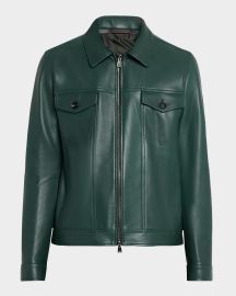 Isaia Menx27s Full-Zip Lambskin Trucker Jacket at Neiman Marcus