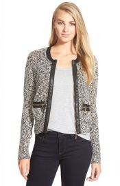 Ivanka Trump Faux Leather Trim Marled Sweater Jacket at Nordstrom