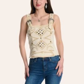 Ivory Boot Stitch Embroidered Denim Tank Top at Cavenders