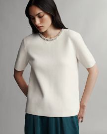 Ivory Cashmere Tee With Zip And Crystal Collar TWP at TWP