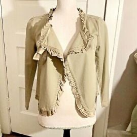 J Crew Liana Ruffle Swing Jacket Womens 2 Khaki Tan Cotton Silk Trim Ribbon Tie eBay at eBay