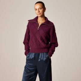 J Crew Popcorn stitch Quarter zip Sweater in Darkstar Burgundy at J. Crew