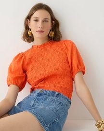 J Crew Puff sleeve textured voile smocked top in Fire Lily at J. Crew