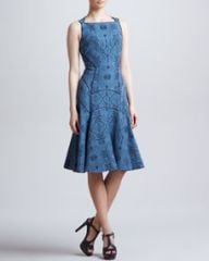 J Mendel Full Skirted Leafy Jacquard Dress Blue Dusk at Neiman Marcus