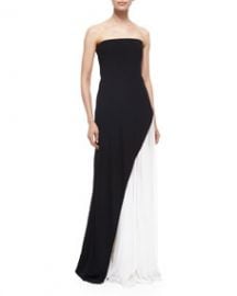 J Mendel Strapless Asymmetric Pleat Gown BlackWhite at Neiman Marcus