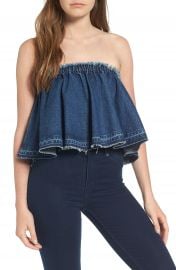 J O A  Ruffle Strapless Denim Top at Nordstrom