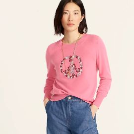 JCrew Cashmere Classic-fit Crewneck Sweater With Floral Peace Embroidery For Women at J. Crew