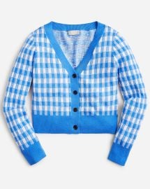 JCrew Cashmere Cropped V-neck Cardigan Sweater In Gingham For Women at J. Crew