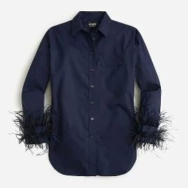 JCrew Feather-trim Cotton Poplin Button-up Shirt With Collar For Women at J. Crew