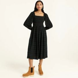 JCrew Smocked Puff-sleeve Dress In Black Watch Tartan Flannel For Women at J. Crew