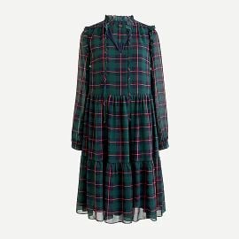 JCrew Tie-neck Tiered Dress In Black Watch Tartan For Women at J. Crew