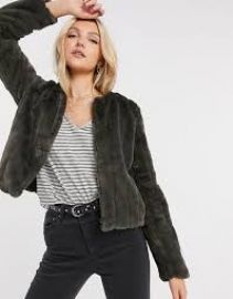 JDY Evelyn cropped faux-fur jacket in black olive at Asos