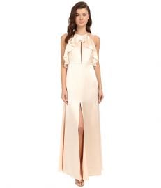 JILL JILL STUART Satin Back  Crepe Halter Ruffled Neck Gown at 6pm