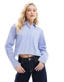 JJXX oversized cropped shirt in navy stripe at ASOS