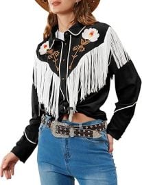 JOHN MOON Womenx27s Floral Embroidered Fringe Western Shirts Rodeo Cowgirl Button Down Blouse Tops Country Style Outfits at Womens Clothing store at Amazon