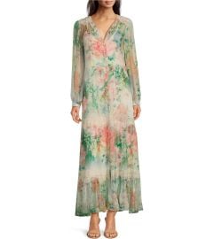 JOHNNY WAS Ruksana Lace Trim Floral Print Silk V-Neck Long Sleeve Button-Front Tiered Maxi Dress Dillardx27s at Dillards