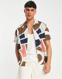 Jack Jones Premium abstract print camp collar short sleeve shirt in brown at ASOS