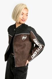 Jackets amp Coats Embroidered Fitted Vintage Look Faux Leather Moto Jacket at Boohoo