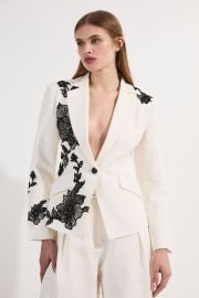 Jackets amp Coats Viscose Linen Placed Floral Lace Embroideried Tailored Jacket KarenMillen at Karen Millen
