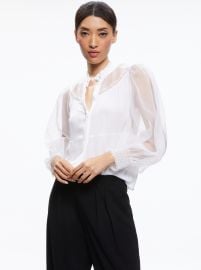 Jaclyn Gathered Smocked Blouson Sleeve Blouse In White Alice Olivia at Alice + Olivia