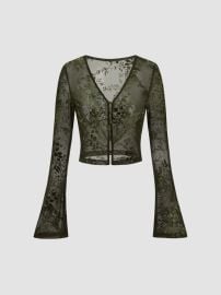 Jacquard V-neck Floral See-through Cropped Bell Sleeve Blouse For Music FestivalLive House PartyClubbing at Cider