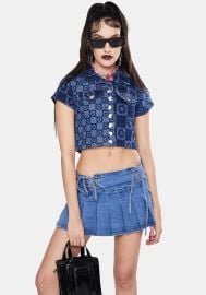 Jaded London Flower Print Short Sleeve Denim Crop Top Dolls Kill at Dolls Kill