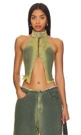 Jaded London Green Denim Buckle Neck Top In Green Wash at Revolve