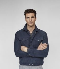 Jagger Steel Blue Suede Trucker Jacket at Reiss