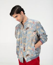 Janbaaz Bomber Jacket Silk Damask Monsoon Cloud SUKETDHIR at Suketdhir