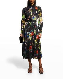 Jason Wu Collection Belted Floral-Print Satin Midi Shirtdress w Lace Collar at Neiman Marcus