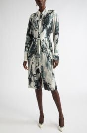 Jason Wu Collection Brushstroke Print Long Sleeve Pleated Georgette Shirtdress at Nordstrom