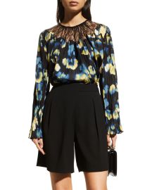 Jason Wu Collection Floral-Print Lace-Inset Pleated Chiffon Blouse at Neiman Marcus