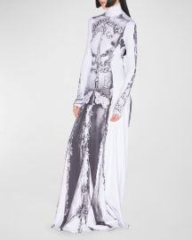 Jean Paul Gaultier Dentelle Trompe Loeil Jersey Long-Sleeve Backless Maxi Dress at Neiman Marcus