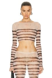 Jean Paul Gaultier X KNWLS Boat Neck Striped Washed Mariniere Cropped Top in Ecru Brown FWRD at FWRD
