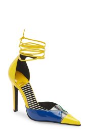 Jeffrey Campbell Ovio Ankle Strap Pointed Toe Pump in Yellow Pat Stripe Multi  at Nordstrom