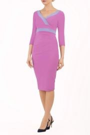 Jemima Colour Block Dress V-Neck Pencil Fit with Pleated Waist at Diva