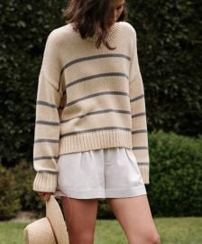 Jenni Kayne Chloe Striped Cotton Sweater in Cream Dusty Blue Stripe at Jenni Kayne