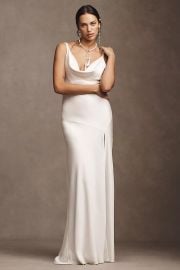 Jenny By Jenny Yoo Mae Cowl Neck Side Slit Slip Satin Wedding Gown at Anthropologie