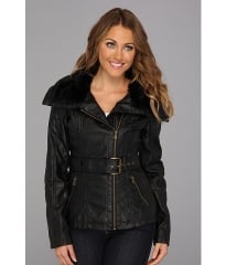 Jessica Simpson Vegan Leather Coat w Faux Fur Trim Black at 6pm